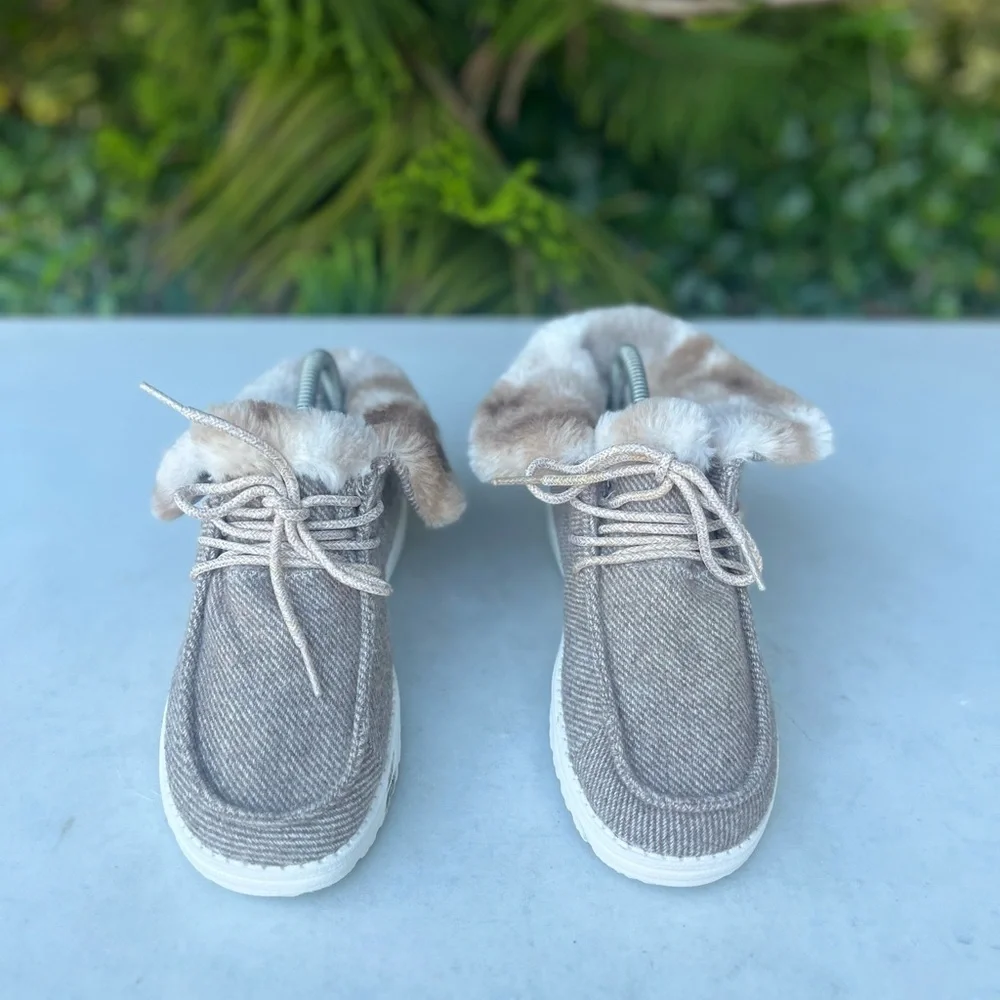 Hey Dude Women's Beige Knit Sneakers with Faux Fur Collar